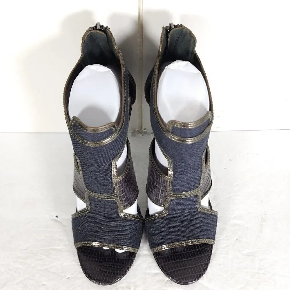Tory Burch Women's US 10M Blue Canvas Leather Animal Print Cut-Out Heeled Sandal